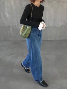 FRIFUL 女式黑色圆领长袖罗纹面料撞色褶皱喇叭袖口修身百搭 T 恤，秋季 - 黑色 - 查看 2