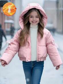 SHEIN Cute Kawaii Thick Hooded Winter Jacket For Tween Girls, Long Sleeve, Fleece, Baby‑Pink Coat With 3D Bow Decor - Pink - View 2