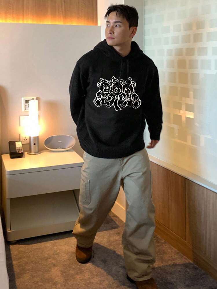 Men's Bear Pattern Jacquard Black Sweater, Autumn/Winter Hoodie