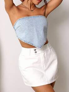 SHEIN Unity Plus Size Women Backless Tie Denim Crop Top, Casual Summer - Blue - View 5