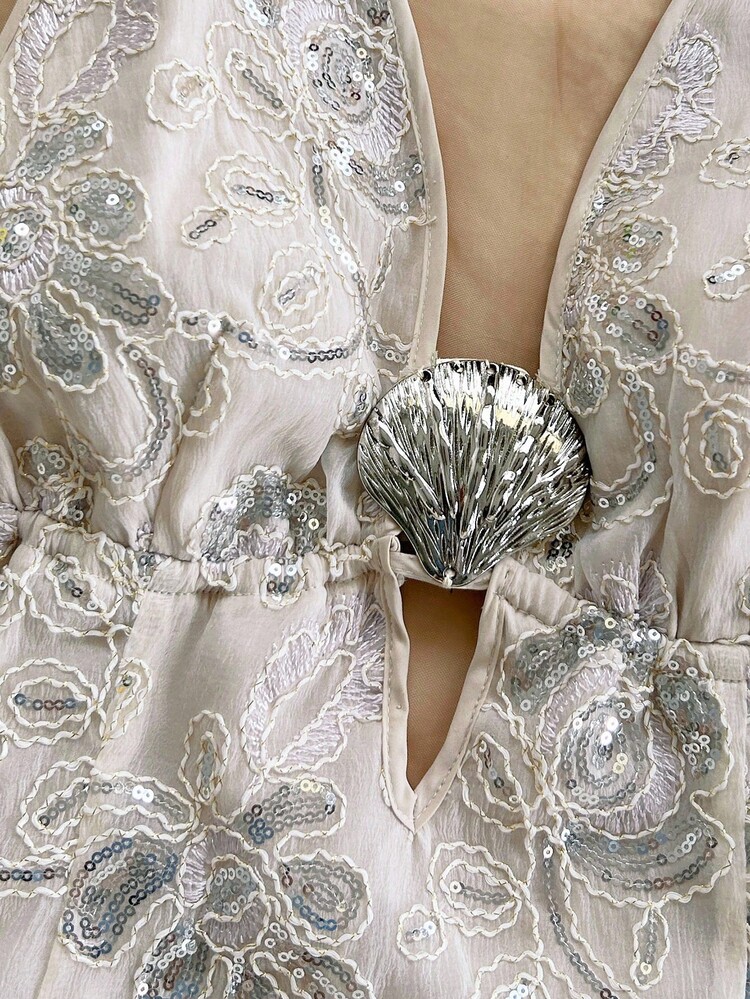 Soleia Women's Summer Vacation Sequin Floral Embroidery Halter Backless Mini Dress - Apricot - View 4