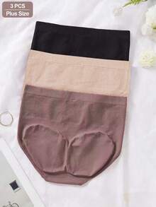 SHEIN 3-Pack Women's Plus Size Tummy Control, Shaping, Hip Lifting, Seamless, Solid Color Ribbed High Elasticity Shaping Triangle Panties - Multicolor - View 4