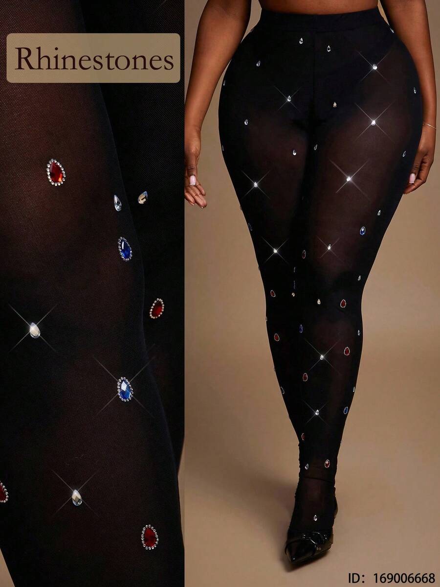 Radiana Plus Size Women's Fall & Winter, Spring & Summer Elegant Gorgeous Glamorous Sexy Basic Handmade Rhinestone Decoration Mesh Fabric See-Through Tights Leggings Vegas Night Curve , New Years Eve Christmas - Black - View 1