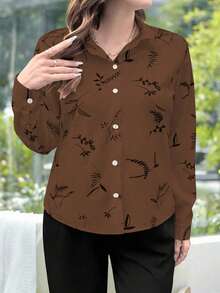 EMERY ROSE Plus Size Women Fall Casual Beige Printed Long Sleeve Shirt - Coffee Brown - View 4
