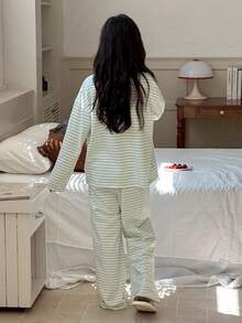 DAZY 2 st/set för flickor, rund hals, randig stickad t-shirt och byxor, loungewear-set, höst och påsk - Grön - Visa 5