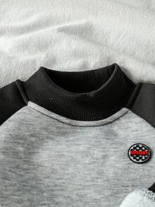 Baby Boy Casual Minimalist Embroidered Badge Contrast Sleeve Crew Neck Sweatshirt And Pants Set Fall Winter - Multicolor - View 7