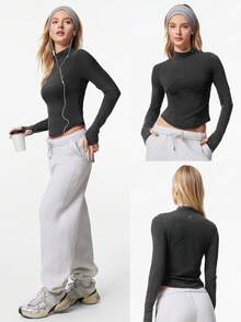 GLOWMODE 复古水洗比马棉齐腰长袖上衣，带拇指孔，适合健身房、工作室、徒步、运动、日常休闲装 - 深灰色 - 查看 7