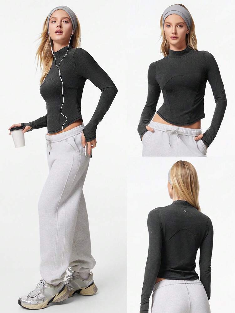 Top de manga larga hasta la cintura de algodón pima lavado vintage con ojales para el pulgar, para gimnasio, estudio, senderismo, uso diario y casual