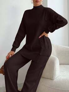 EURMUSE Women Solid Color Button Detailed Mock Neck Drop Shoulder Pullover & Sweater Pants Set - Brown - View 8