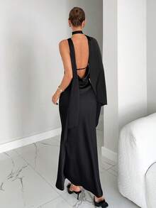 Siren Gaze Siren Gaze Black Dress  Elegant Dresses For Women Women Dresses Autumn Winter   Women's Christmas Party Black Metal Button Satin Ribbon Open Back Tie Long Dress Women's Fashionable Sexy Backless Halter Long Dress