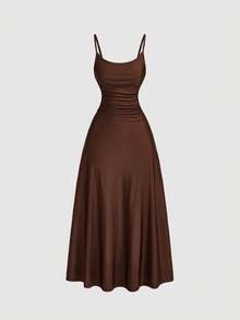 SHEIN MOD Vestido de mujer talla grande de unicolor con cintura fruncida, bajo acampanado, tirantes finos, vestido semi formal, elegante para té, vestido fluido para crucero - Marrón Mocha - Ver 1