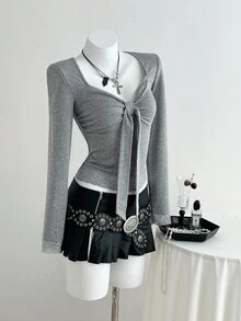 SHEIN Unity 1pc Women's Grey Lace Patchwork Sweetheart Neck Ruched Decor Stretchy Knit Top, Warm Lining, Elegant Vintage Style For Daily, Commute, Casual Wear - Grey - View 4