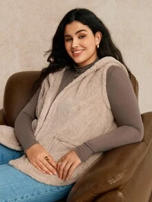 EMERY ROSE Plus Size Casual Solid Color Sleeveless Hooded Jacket, Suitable For Autumn/Winter - Apricot - View 6