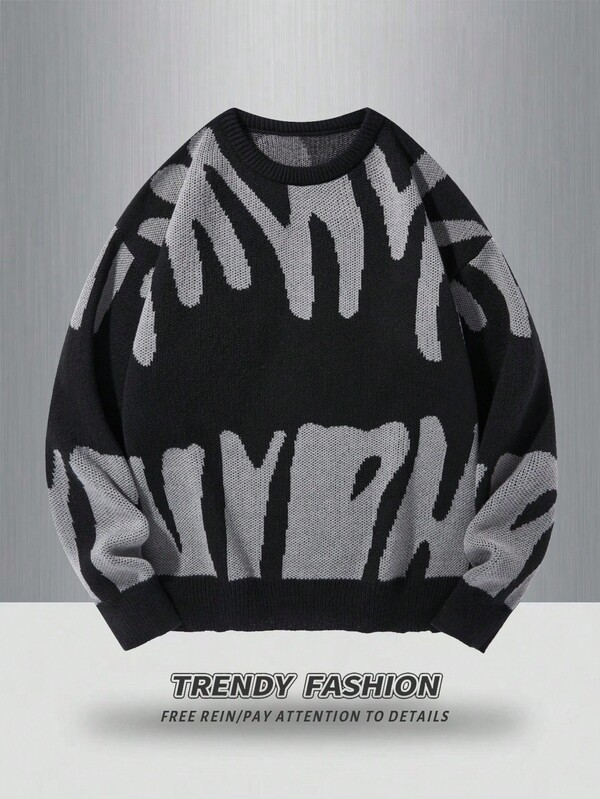 Claim Dot Pull-shirt décontracté à col ras-du-cou avec motif graphique de lettres, manches longues, pour homme grande taille. Pour l'automne et l'hiver