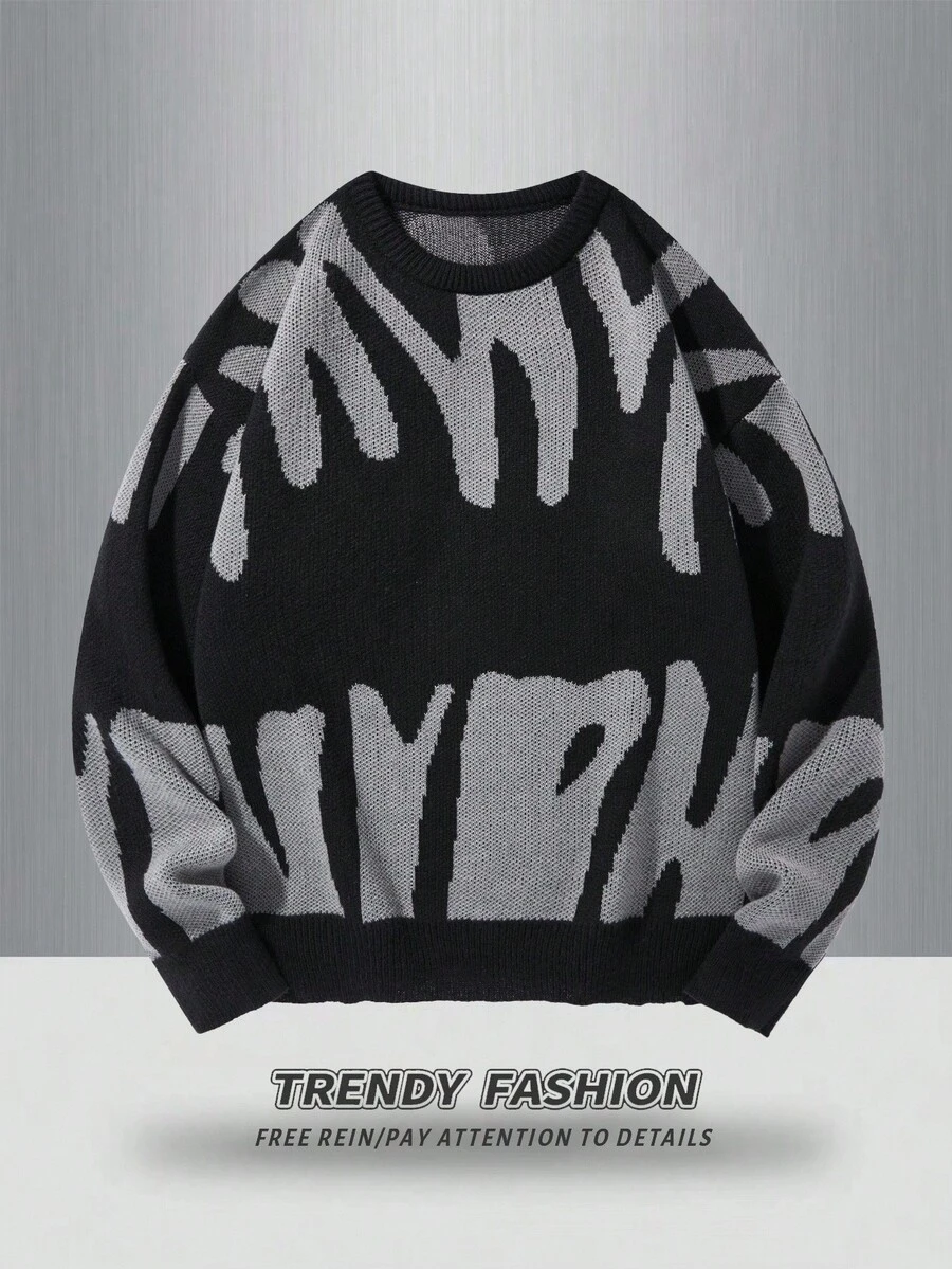 Claim Dot Plus Size Men's Letter Graphic Crew Neck Casual Long Sleeve Pullover Sweater, For Fall Winter