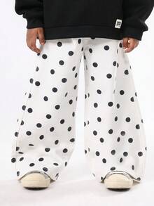 SUMWON بناطيل واسعة الساق بنقشة نقاط للأطفال بخصر عالي على الطراز الرجعي، بناطيل بالاتزو قطنية فضفاضة مريحة، ملابس سفلية كاجوال للخريف والشتاء