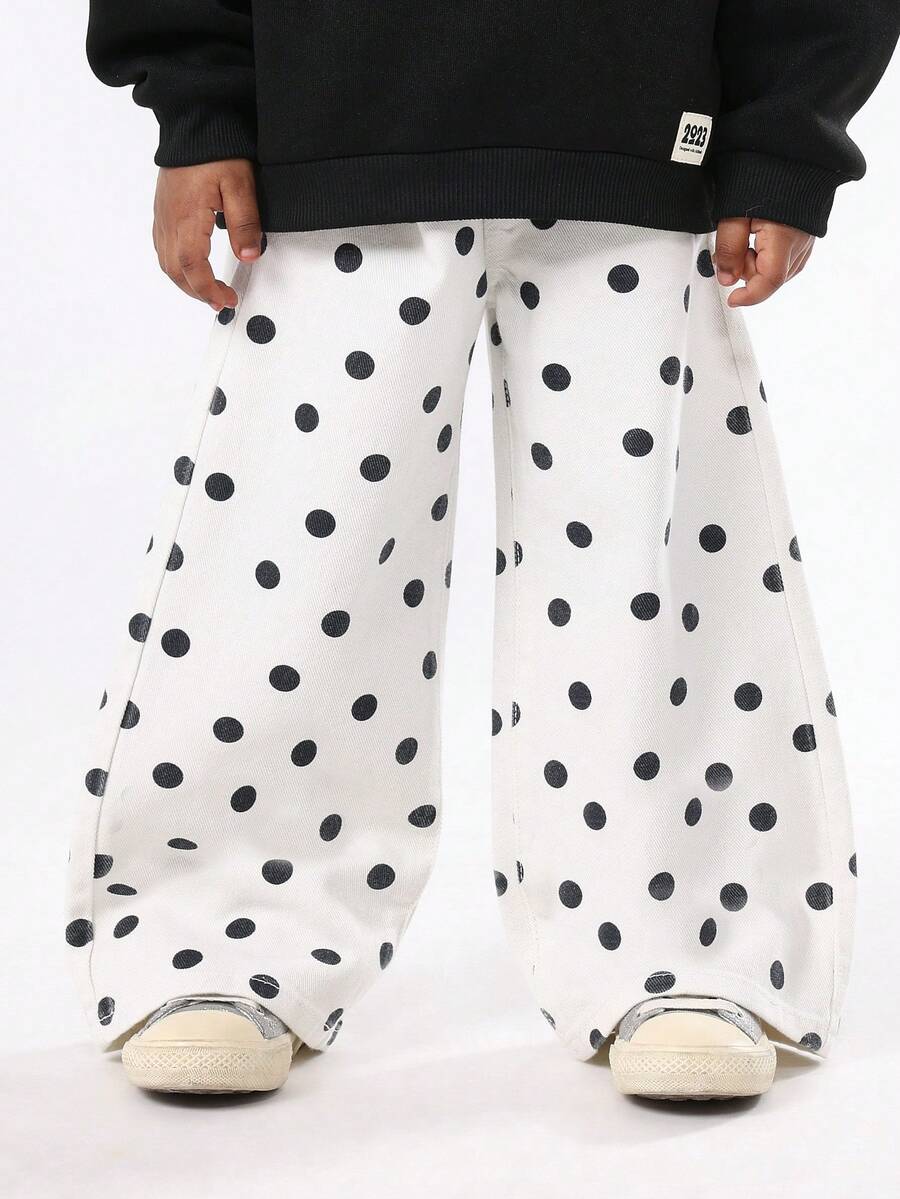 SUMWON بناطيل واسعة الساق بنقشة نقاط للأطفال بخصر عالي على الطراز الرجعي، بناطيل بالاتزو قطنية فضفاضة مريحة، ملابس سفلية كاجوال للخريف والشتاء