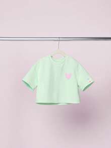 SUMWON Conjunto de verano de dos piezas para niñas con estampado de corazones, top corto y shorts tipo ciclista, ropa casual para el Día de San Valentín - Verde - Ver 3