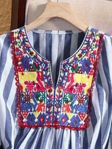 EMERY ROSE Damen Große Größen Lässig Urlaubs Bluse mit besticktem Kragen, Langarm, Spitzen-Patchwork und Streifen