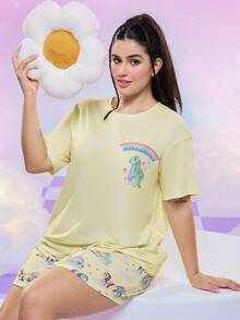 My Little Pony X SHEIN Plus Size Women Summer Casual Cute Cartoon Unicorn & Rainbow Letter Graphic Loose Fit Drop Shoulder Short Sleeve Top And Shorts Pajama Set Pajamas Set Summer For Women
