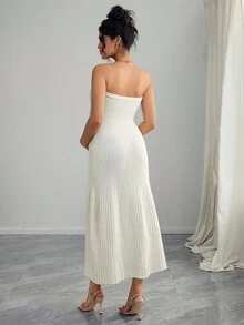 SHEIN 孕妇纯色抹胸毛衣裙 - 米色 - 查看 2