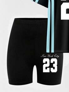 SHEIN 女士休闲时尚创意数字 23 和字母图案印花 T 恤和自行车短裤套装 纽约服装 女士运动服 女士 Y2k 运动服 女士运动服套装 两件套运动服套装 女士 Y2k 运动服 女士两件套运动服 女士纽约都市服装 女士两件套运动服 女士纽约都市运动服 - 彩色 - 查看 4