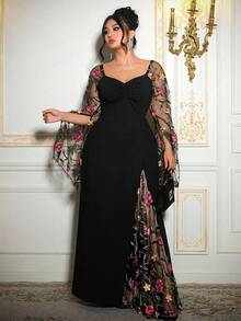 Roveilla 大码优雅法式刺绣网纱修身连衣裙，适合派对、春秋季穿着 - 黑色 - 查看 3