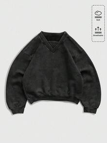 ROMWE MEN Men's Solid Color V-Neck Drop Shoulder Long Sleeve Casual Pullover Sweatshirt, Autumn/Winter - Black - View 1