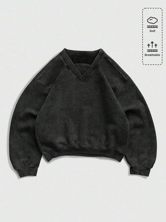 Street Life بلوزة رجالية كاجوال بياقة على شكل حرف V وأكمام طويلة منسدلة، لون أحادي، موسم الخريف/الشتاء