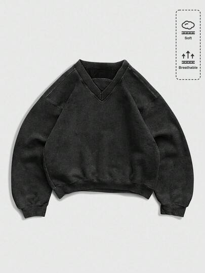 Street Life Sudadera casual de cuello en V de unicolor, de manga larga y hombros caídos para hombre, otoño/invierno