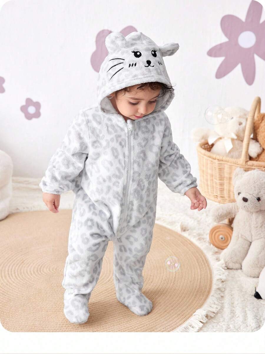 新生女宝宝舒适保暖连帽连体衣，豹纹印花，秋冬季 - 白色 - 查看 1
