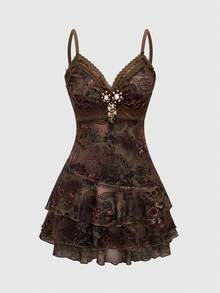 ROMWE Retro Hippie Style Plus Size Women Ruffle Ribbon & Lace Paisley Print Mini Dress - Brown - View 1