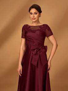 Serin Elegant Luxurious Romantic Coffee Color Mesh Patchwork Satin Pleated Luxury Beaded Applique Short Sleeve Bow A-Line Hem Dress, Suitable For Evening Party, Date, Vacation, Ball, Music Festival, Wedding, Bride Mother Dress