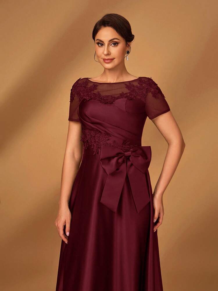 Serin Elegante y lujoso vestido romántico con parches de malla, satén plisado, lujoso con aplicaciones bordadas, manga corta, lazo, bajo en línea A, adecuado para fiesta de noche, cita, vacaciones, baile, festival de música, boda, vestido de madre de la novia, Día de San Valentín - Granate - Añade 6