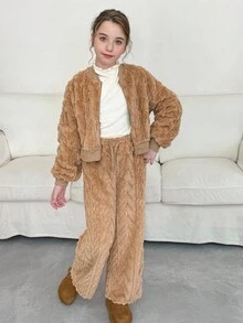 LMoss Kids LMoss  2pcs Tween Girls Solid Color Knit Fleece Casual Jacket And Pants Set Teen Girl Brown Set Tween Matching Set Knit Young Girl Warm Furry Vest Set,Christmas,Styles Confortables D'automne&Hiver,Gemütliche Herbst- & Winterstile,Cozy Fall & Winter Styles