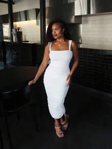 Tyla Gomez Solid Mesh Ruched Back Slit Midi Dress, White Graduation Dress, White Dress, Tea Party Dress