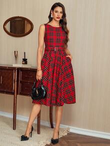 Vintamour 复古优雅女式连衣裙，配有口袋和腰带 圣诞格子休闲节日连衣裙 女式冬装 女式冬装 女式秋装 女式秋装 女式秋装 秋装 圣诞女装 女式圣诞服装 女式圣诞套装 圣诞派对礼服 女式红色连衣裙 - 紅色 - 查看 5