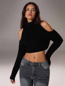 SHEIN Unity 时尚纯色高领露肩短款毛衣，适合秋冬季