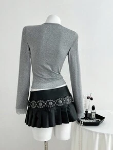 SHEIN Unity 1pc Women's Grey Lace Patchwork Sweetheart Neck Ruched Decor Stretchy Knit Top, Warm Lining, Elegant Vintage Style For Daily, Commute, Casual Wear - Grey - View 2