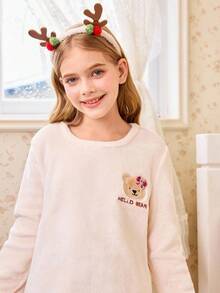 Snug Zone Conjunto de pijama reversible de franela con oso de dibujos animados bordado a cuadros para niña preadolescente. Conjunto de pijama para adolescente, pijama a juego esponjoso para adolescente, pijamas lindos para adolescente, ropa de estar en casa para niñas de 10 a 14 años, para Navidad - Beis - Ver 5