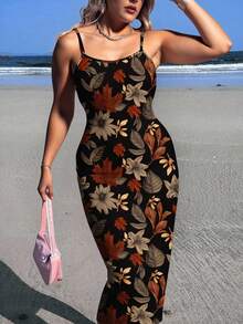 Veykashi Plus Size Vintage Elegant Maple Leaf Print Casual Dress, Suitable For Party, Thanksgiving - Multicolor - View 1