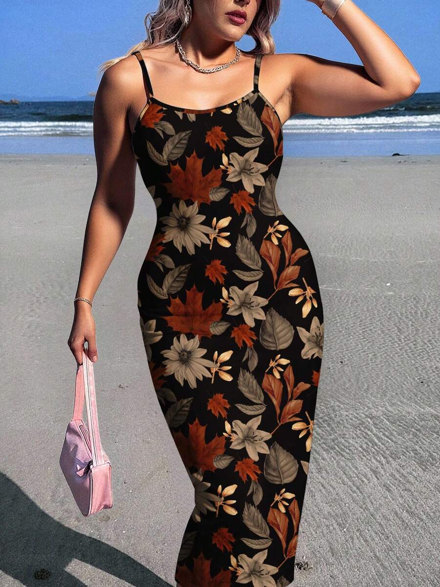 Veykashi Plus Size Vintage Elegant Maple Leaf Print Casual Dress, Suitable For Party, Thanksgiving - Multicolor - View 1