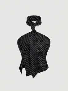 SHEIN MOD Plus Size Women's Halter Neck Tie Black & White Striped Cropped Top Top With Scarf