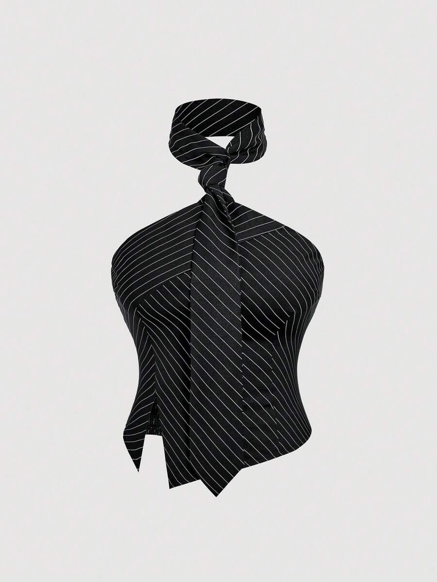 SHEIN MOD Plus Size Women's Halter Neck Tie Black & White Striped Cropped Top Top With Scarf
