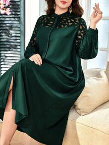 SHEIN Lacomfia فستان نسائي مقاس كبير على الطراز العربي، طوق مندرين وأكمام طويلة، تطريز بالدانتيل والرقعة، فضفاض ومريح، ملابس يومية أنيقة