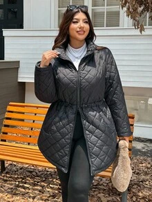 SHEIN EZwear Plus Size Women Quilted Drawstring Thick Jacket, Autumn/Winter,Fall /Autumn/Winter,Christmas,New Year,Thanksgiving,Party,Wedding,Elegant,Casual,Going Out,Date,Appointment,Commute,Black