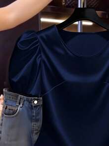 Franclia قميص تي شيرت كاجوال من الساتان بأكمام منتفخة للنساء - أزرق بحري - مشاهدة 3