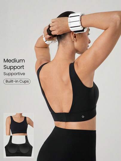 GLOWMODE FeatherFit™- Sostén deportivo con copas incorporadas, cuello en V, espalda descubierta y ajustable, de impacto medio, para correr, trotar, entrenar y hacer ejercicio en el gimnasio