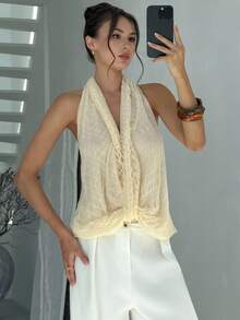 Aloruh Top estivo elegante da donna con scollo all'americana e schiena scoperta, giallo pallido, per brunch e vacanze, stile western boho gyaru, streetwear tropicale per concerti, rave e festival - Albicocca - Visualizzare 4
