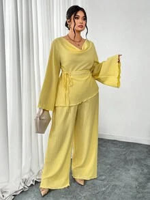 Firerie Plus Size Women Elegant Casual Vacation Boat Neck Flare Sleeve T-Shirt And Straight Elastic Waist Pants 2 Pieces Set, Spring/Autumn
